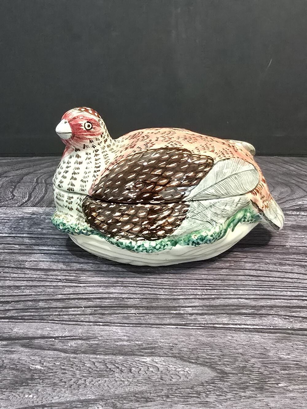 Vintage Italian Majolica Lidded Bird Dish Hand Painted Quail Partridge Ferhara